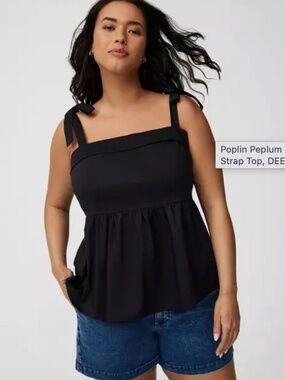 Black Poplin Peplum Tie Strap Top